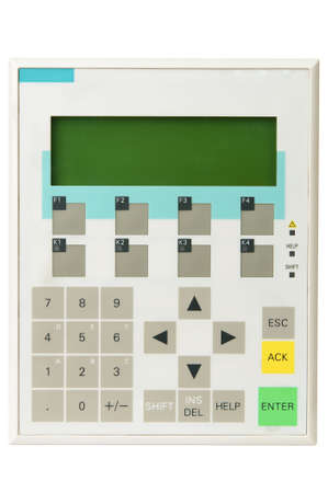 Grey industrial operator panel used for process control with buttons and screen isolated on white...