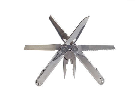 Picture of opened multifunctional tool isolated on white background.