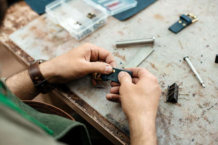 A master works with genuine leather making exclusive thingsの写真素材