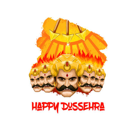 Digital art illustration for indian holiday Vijayadashami. Happy Dussehra writing. Evil demon Ravana...