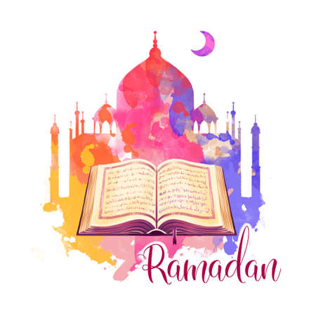 Ramadan Kareem holiday greeting card design. Symbols of Ramadan Mubarak: Muslim Mosque, Crescent, Quran book. Digital art illustration with colorful paint splashes. Graphic clip art for web and printの写真素材