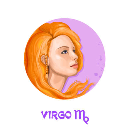 Creative digital illustration of astrological sign Virgo. Sixth of twelve signs in zodiac. Horoscope earth element. Logo sign with young girl. Graphic design clip art for web and print. Add any textの写真素材