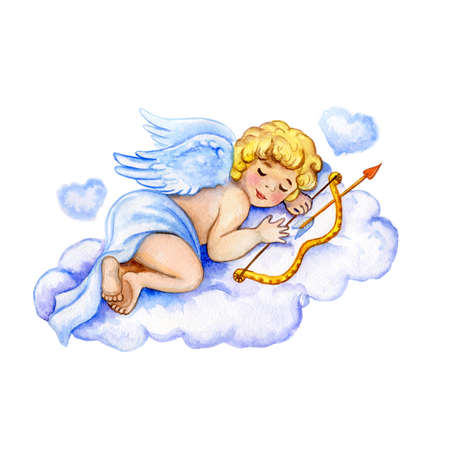 watercolor Saint Valentines card template. Cute little cupid sleeping on weightless cloud with...