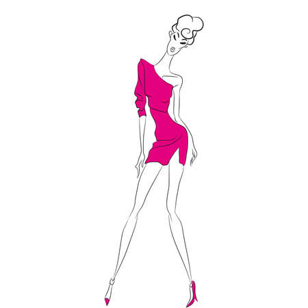 Vector fashion sketch. Beautiful model posing at photoshoot in short one-shoulder one-sleeve pink dress with cut. Skinny body silhouette, high heels, designer clothing. Haute couture fashion showのイラスト素材