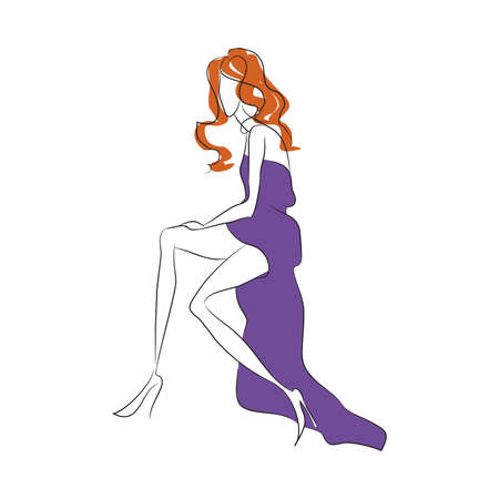 Vector fashion sketch. Beautiful model posing at fashion magazine photoshooting sitting in long blue dress with high cut, high heels classic shoes and long legs. Skinny body silhouette. Haute coutureのイラスト素材