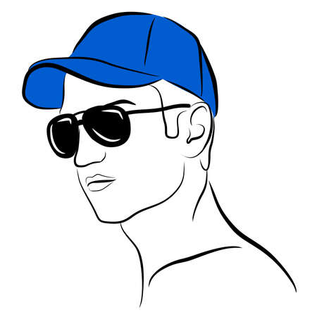 vector young man in blue cap and glasses isolated on white background. Summer fashion. Hand drawn editablesketch. Male model posing. Color of cap can be changed. Graphic clip art illustrationのイラスト素材