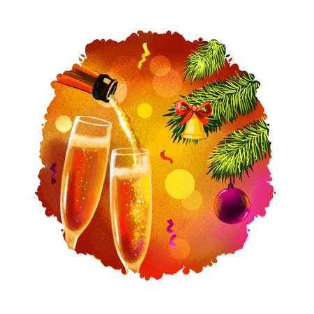 Digital art illustration of champagne with bubbles in glasses. Holiday celebration, confetti, bokeh effect. Merry Christmas, Happy New Year greeting card design. Graphic clip art design for web, printの写真素材