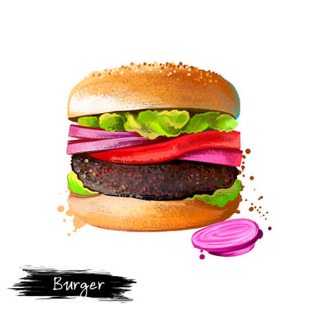 Hamburger, beef burger with vegetables and onions isolated on white background. Street food, take-away, take-out. Fast food hand drawn digital illustration. Graphic clip art design for web, printの写真素材