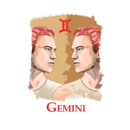 Creative digital illustration of astrological sign Gemini. Third of twelve signs in zodiac. Horoscope air element. Logo sign with twins. Graphic design clip art for web and print. Add any text.の写真素材
