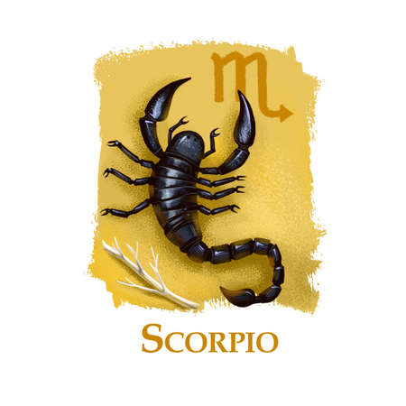 Creative digital illustration of astrological sign Scorpio. Eighth of twelve signs in zodiac. Horoscope water element. Logo sign with scorpion. Graphic design clip art for web and print. Add any text.の写真素材