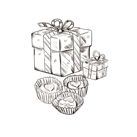 Postcard on February 14, present in decorative wrapping and chocolate. St. Valentines day holiday greeting card with present gift boxes and sweet candy cookies isolated vector illustration sketch.のイラスト素材