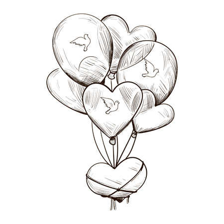 Bundle of air balloons with pigeon doves print isolated vector sketch. Postcard on February 14, gift present on romantic party, t-shirt print heart pillow. St. Valentine's day holiday greeting cardのイラスト素材