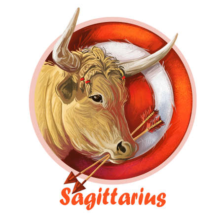 Sagittarius metal ox year horoscope zodiac sign isolated. Digital art illustration of chinese new year symbol, astrology lunar calendar sign. Horned animal, Saggittarius horoscope icon, oriental cow.の写真素材