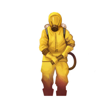 Man in hazmat suit cleaning and disinfecting coronavirus cells isolated. Epidemic mers Cov. virus disinfect, protection concept. Male in yellow mask and protective suit, pandemic health riskの写真素材