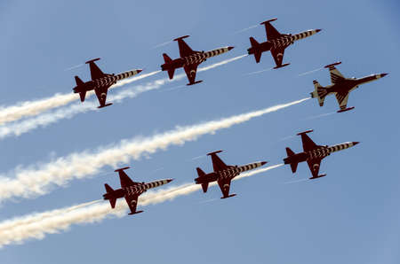 The Turkish Stars display team passing overhead closeのeditorial素材