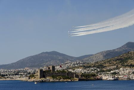 The Turkish Stars display team in a diamond formation above Bodrum Castleのeditorial素材