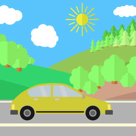 Yellow Car on a Road on a Sunny Day. Summer Travel Illustration. Car over Landscape.のイラスト素材