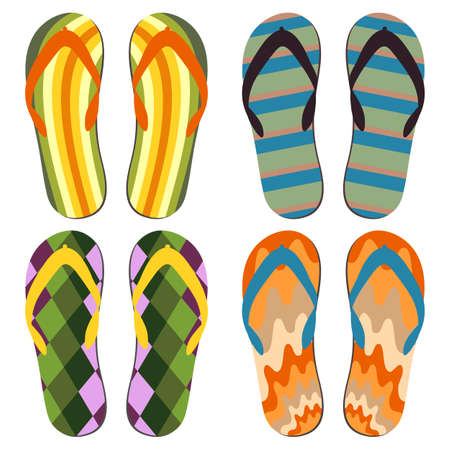 Set of Beach Slippers. Colorful Summer Flip Flops Over White Backgroundのイラスト素材