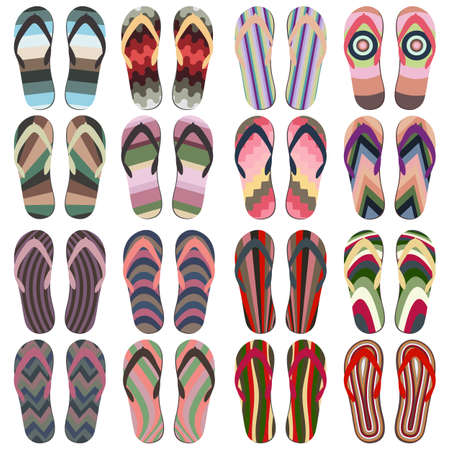 Set of Beach Slippers. Colorful Summer Flip Flops Isolated on White Backgroundのイラスト素材