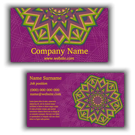 Vector vintage business card. Geometric mandala pattern and ornaments. Oriental design Layout. Front page and back page.のイラスト素材