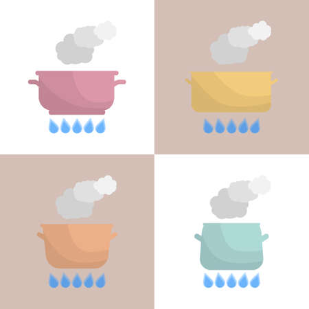 Set of boiling pot on the gas. Kitchen utensils. Vector Illustration.のイラスト素材