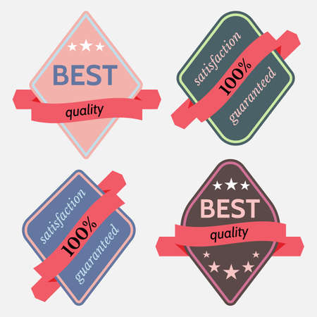 Set of Vector Badges with Ribbons and the Words "Best quality" and "100% satisfaction guaranteed". Isolated vector illustration.のイラスト素材