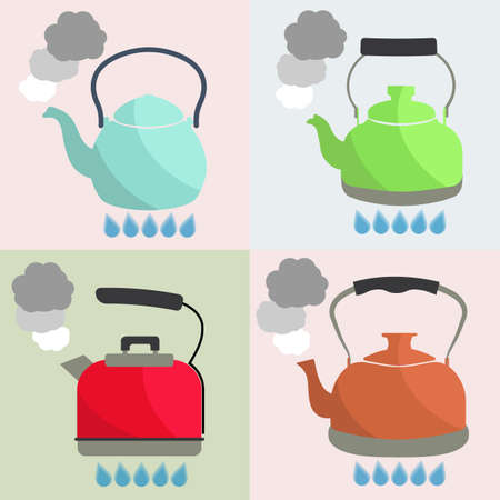 Set of kettle boils with water flat style vector illustration. Kitchen utensils stock illustration.のイラスト素材