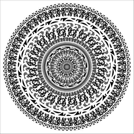 Ornament monochromatic card with mandala. Round ornamental vector shape isolated on white. Vector illustration in black and white colors.のイラスト素材