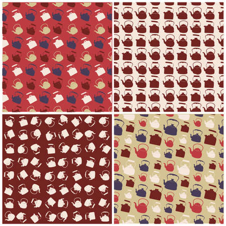 Set of seamless Colorful Pattern with Kettle. Vector background with different teapots. Endless kitchen texture.のイラスト素材