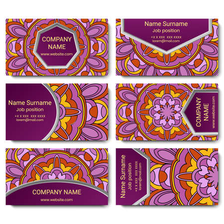 Set of vector visiting card with mandala. Geometric mandala pattern and ornaments. Front page and back page.のイラスト素材