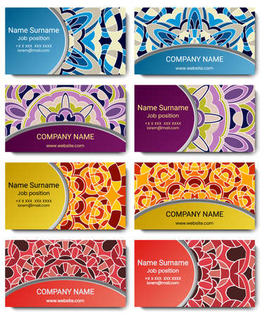 Set of vector visiting card with mandala. Geometric mandala pattern and ornaments. Front page and back page.のイラスト素材