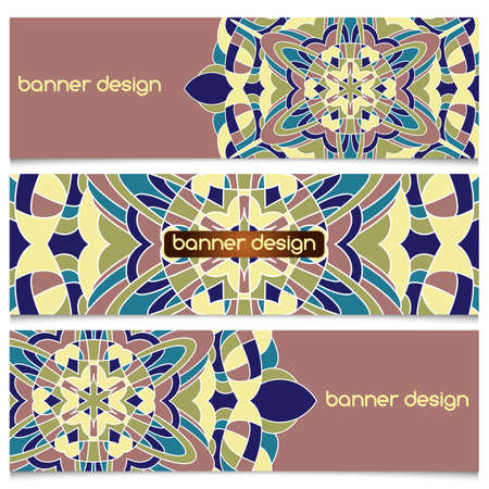 Abstract geometric header vector background with mandala. Set of vector banners with abstract geometric colored shapes. Ethnic pattern cards set.のイラスト素材