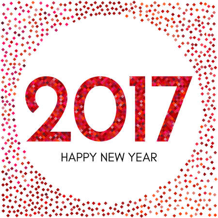 Happy New Year 2017 label with red confetti. New Year and Xmas Design Element Template. Vector Illustration.のイラスト素材