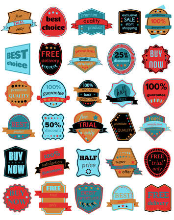 Set of Thirty Vector Badges with Ribbons. Web stickers and labels. Isolated vector illustration.のイラスト素材
