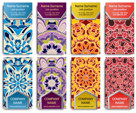 Set of vector visiting card with mandala. Geometric mandala pattern and ornaments. Front page and back page.のイラスト素材