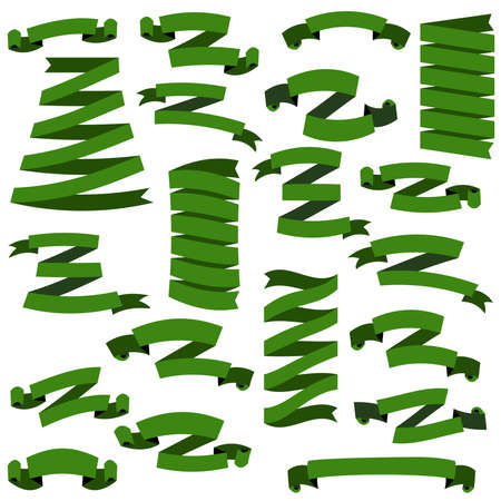 Set of beautiful festive green ribbons, isolated on white background, vector illustration. Ready for Your Text or Design. Set of design elements banners ribbons.のイラスト素材