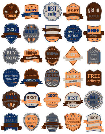 Set of Thirty Vector Badges with Ribbons. Set of vintage retro labels. Web stickers and labels. Isolated vector illustration.のイラスト素材