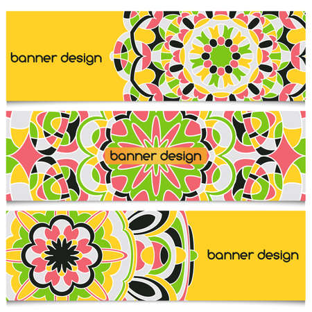 Abstract geometric header vector background with mandala. Set of vector banners with abstract geometric colored shapes. Ethnic pattern cards set.のイラスト素材