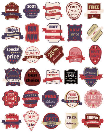 Set of Thirty Vector Badges with Ribbons. Set of vintage retro labels. Web stickers and labels. Isolated vector illustration.のイラスト素材