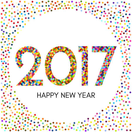 Happy New Year 2017 label with colorful confetti. New Year and Xmas Design Element Template. Vector Illustration.のイラスト素材