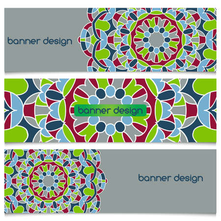 Abstract geometric header vector background with mandala. Set of vector banners with abstract geometric colored shapes. Ethnic pattern cards set.のイラスト素材