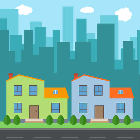 Vector city with cartoon houses and buildings. City space with road on flat syle background concept. Summer urban landscape. Street view with cityscape on a backgroundのイラスト素材