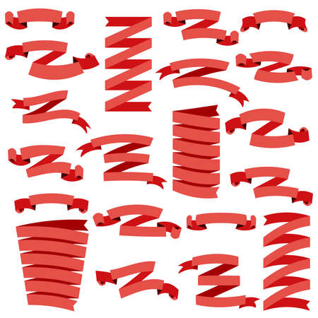 Set of beautiful festive red ribbons, isolated on white background, vector illustration. Ready for Your Text or Design. Set of design elements banners ribbons.のイラスト素材