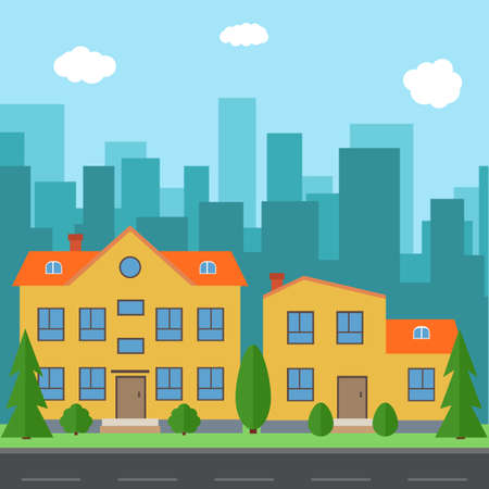 Vector city with cartoon houses and buildings. City space with road on flat style background concept. Summer urban landscape. Street view with cityscape on a backgroundのイラスト素材