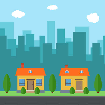 Vector city with cartoon houses and buildings. City space with road on flat style background concept. Summer urban landscape. Street view with cityscape on a backgroundのイラスト素材
