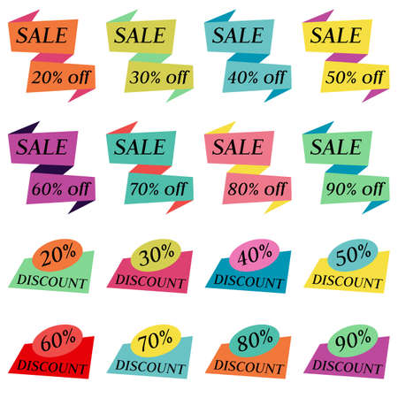 Set of Sale Discount Labels, Tags, Emblems. Web collection of stickers and badges for sale. Isolated vector illustration.のイラスト素材