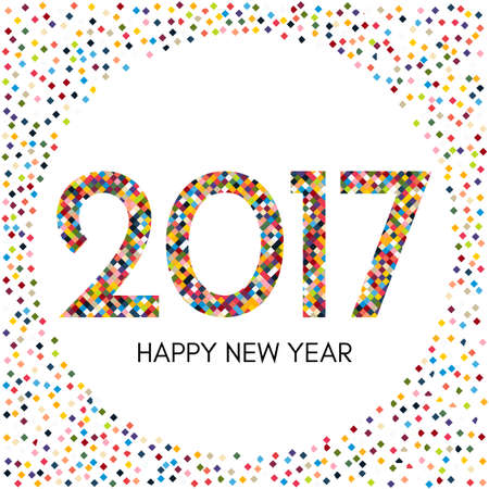 Happy New Year 2017 label with colorful confetti. New Year and Xmas Design Element Template. Vector Illustration.のイラスト素材