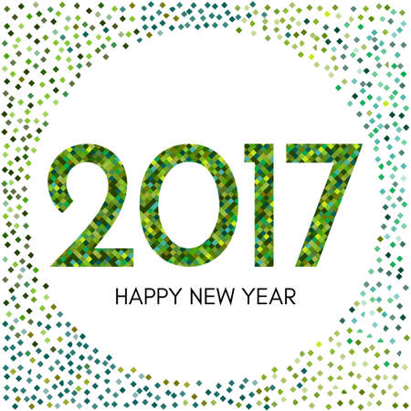Happy New Year 2017 label with green confetti. New Year and Xmas Design Element Template. Vector Illustration.のイラスト素材