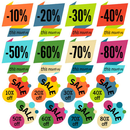 Set of Sale Discount Labels, Tags, Emblems. Web collection of stickers and badges for sale. Isolated vector illustration.のイラスト素材