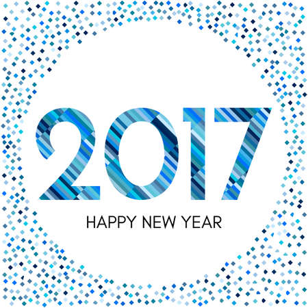 Happy New Year 2017 label with blue confetti and lines. New Year and Xmas Design Element Template. Vector Illustration.のイラスト素材